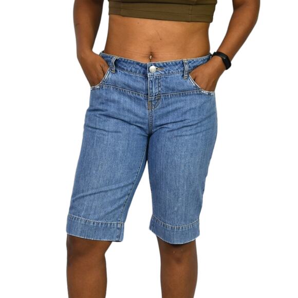 Vintage London Jean Short Blue Denim Longline Low Rise Y2K Cotton Bermuda Jort 4 - Picture 1 of 15